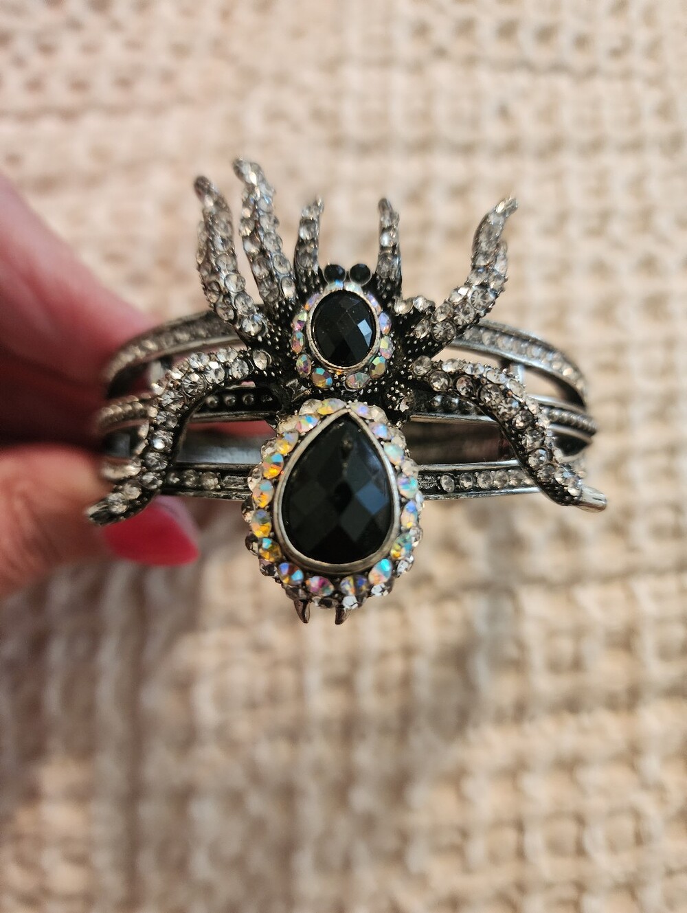 Ornate Vintage Black Rhinestone Silver Spider Clamp Style Bracelet Halloween